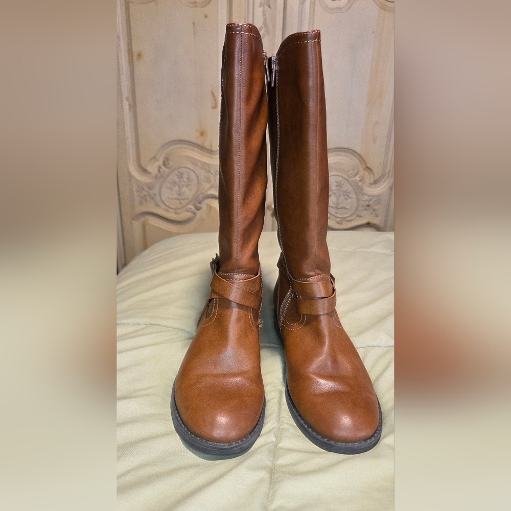 Brown Riding Boots Size 5 Knee High Faux Leather Buckle Zip